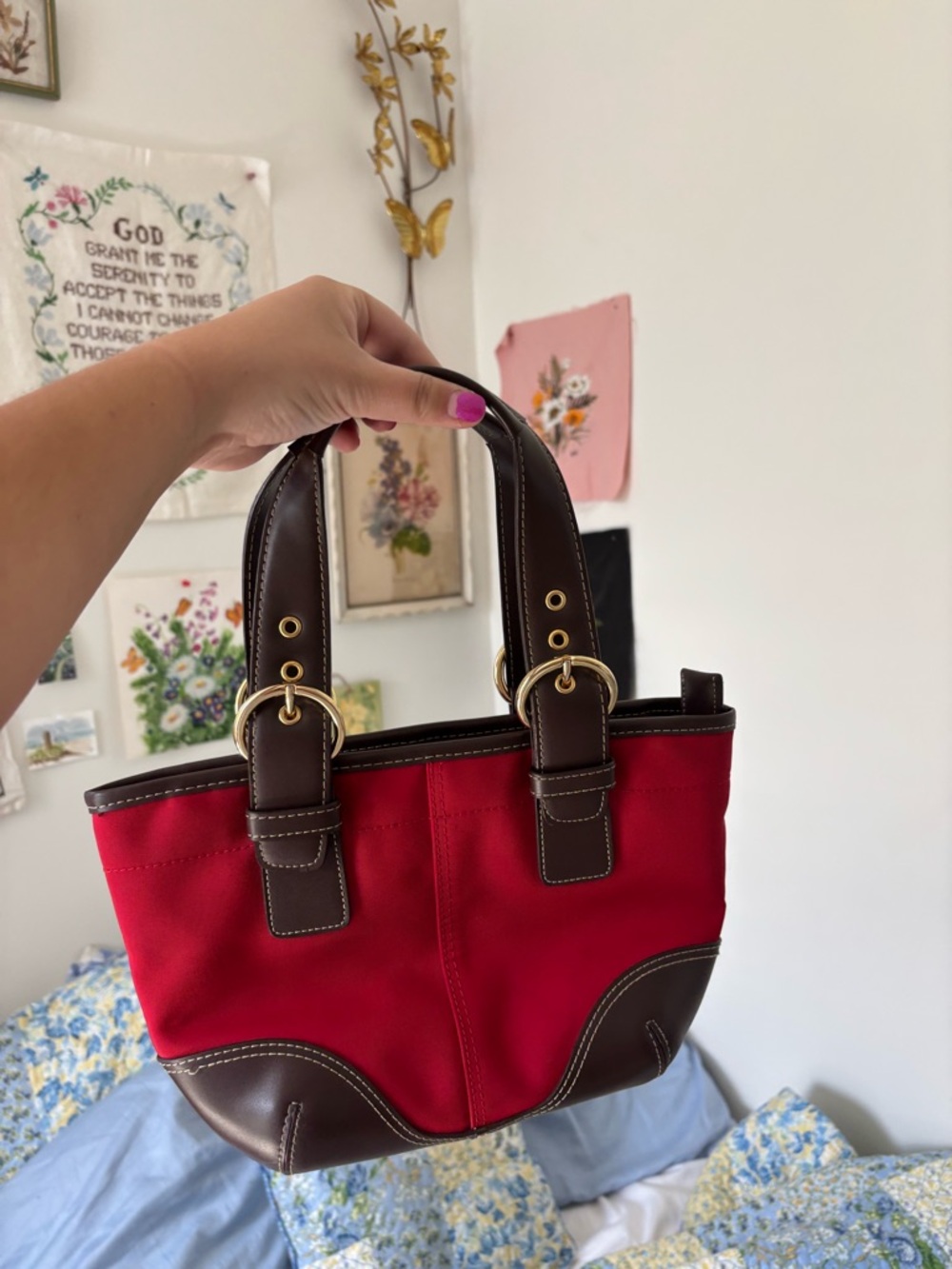 Red soho style mini Tote with Brown faux Leather Trim purse